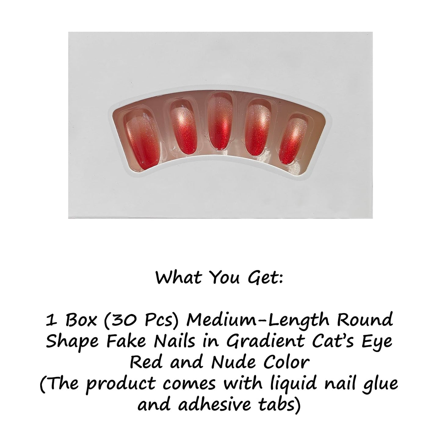 S.A.V.I 30 Pieces Reusable Press-On Fake Nails for Women, Medium Round Length, Red & Nude Gradient Cat Eye Gloss, Acrylic Set with Nail Glue & Adhesive Tabs