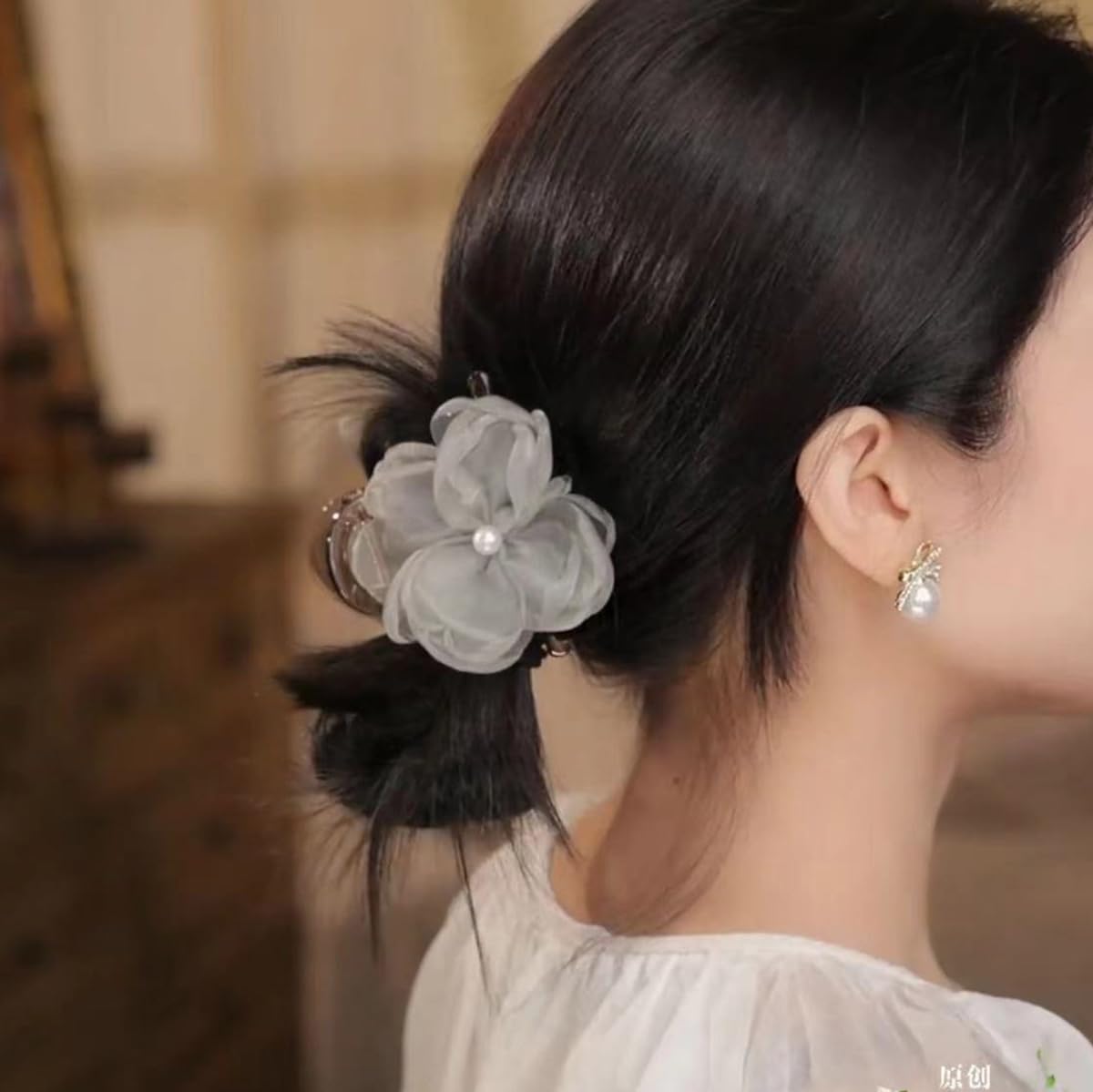 S.A.V.I Grey Flower Hair Claw Clip for Women & Girls | 8cm Fabric Floral Design with Pearl Center | Stylish Hair Accessory for Daily, Party, Festive & Traditional Outfits