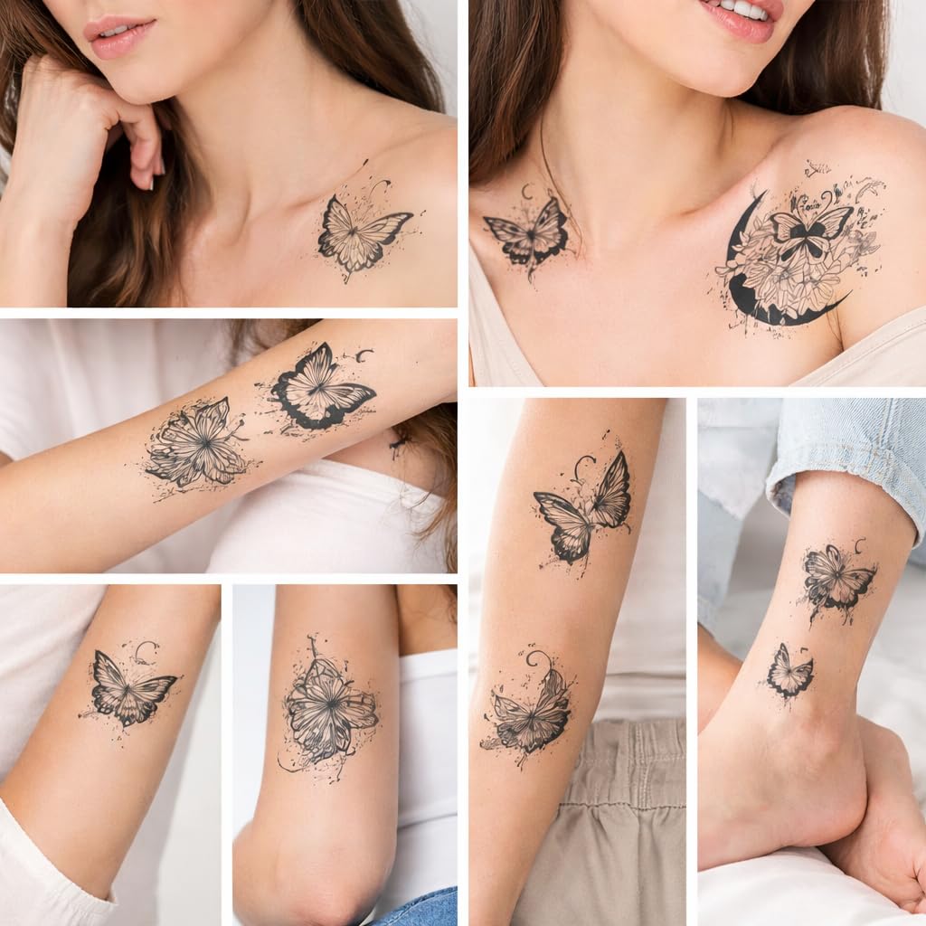S.A.V.I Black Butterfly & Floral Moon Temporary Tattoo (10 Sheets), 6.8x12 cm Large Waterproof Body Stickers, Safe Non-Toxic Realistic Arm Shoulder Collarbone Design for Women & Girls (#325)