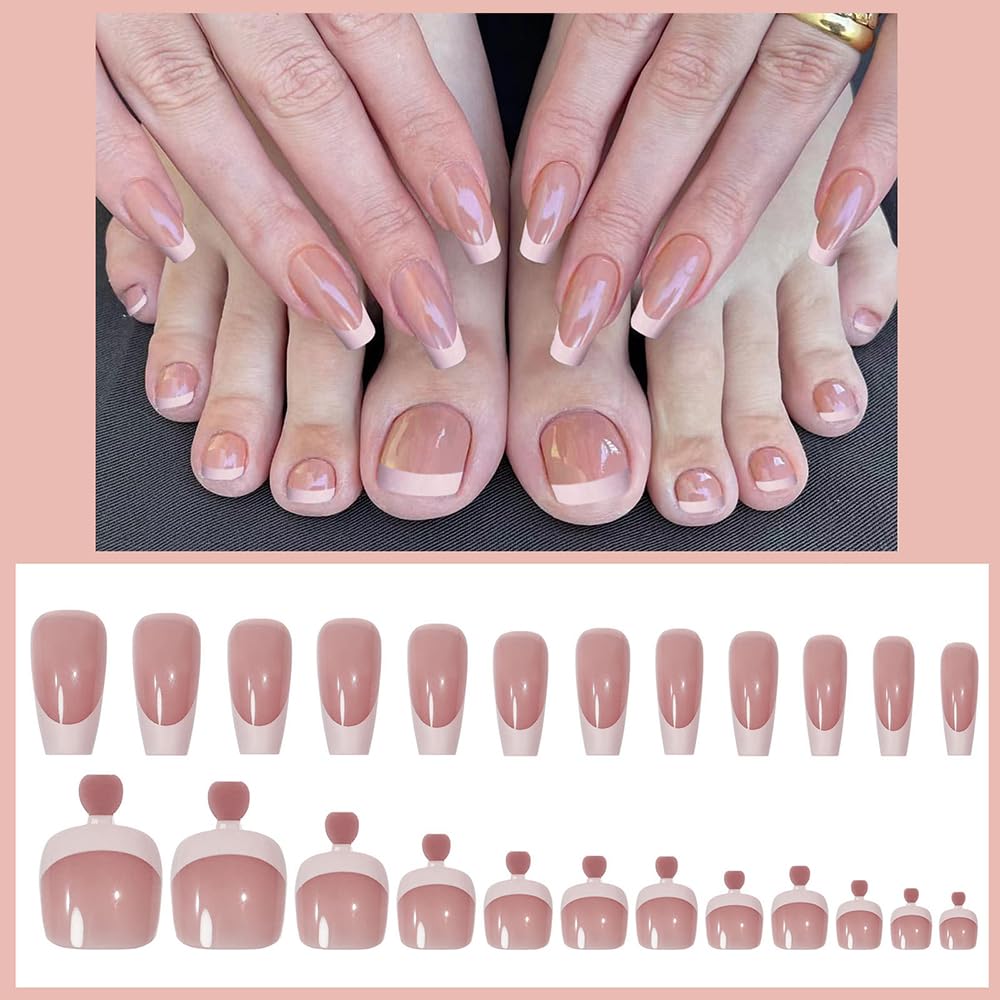 S.A.V.I 48 Pcs Nude French Coffin Press On Nails Combo for Hands & Feet | Long Glossy Fake Nails Set | Reusable Manicure & Pedicure Tips Kit for Women & Girls | Nail Art Extension Look