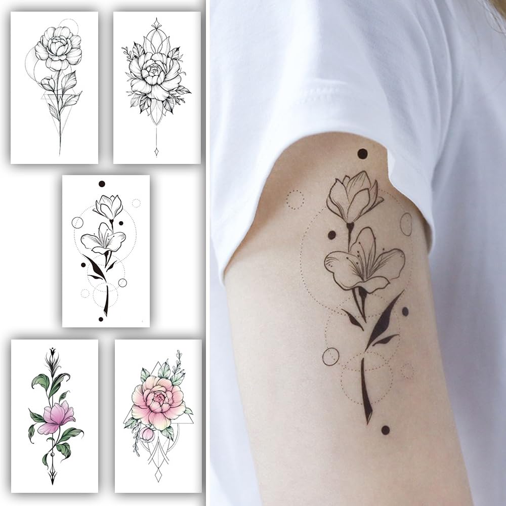 S.A.V.I 5PCS Elegant Floral Temporary Tattoo Stickers, Waterproof, Natural Art, Aesthetic Design for Women  Girls,10.5x6cm