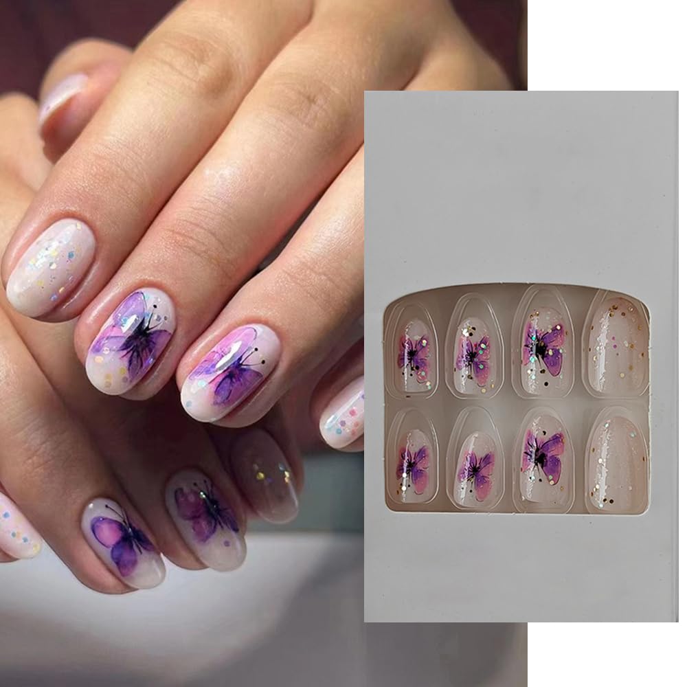 S.A.V.I 24 PCs Reusable Short-Length Round Shape Nude Glitter Purple Butterfly Print Press-On Fake Nails | DIY Manicure Kit | For Home  Salon Use