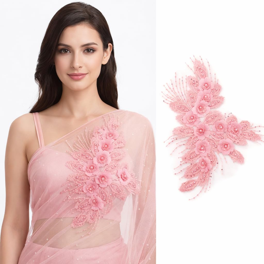 S.A.V.I Pink 3D Floral Sew-On Embroidered Applique Patch | Pearl Beaded Net Mesh Lace Motif 29.9 x 38.8 cm | DIY Bridal Lehenga Saree Blouse Gown Dress Craft Sewing (Pink)