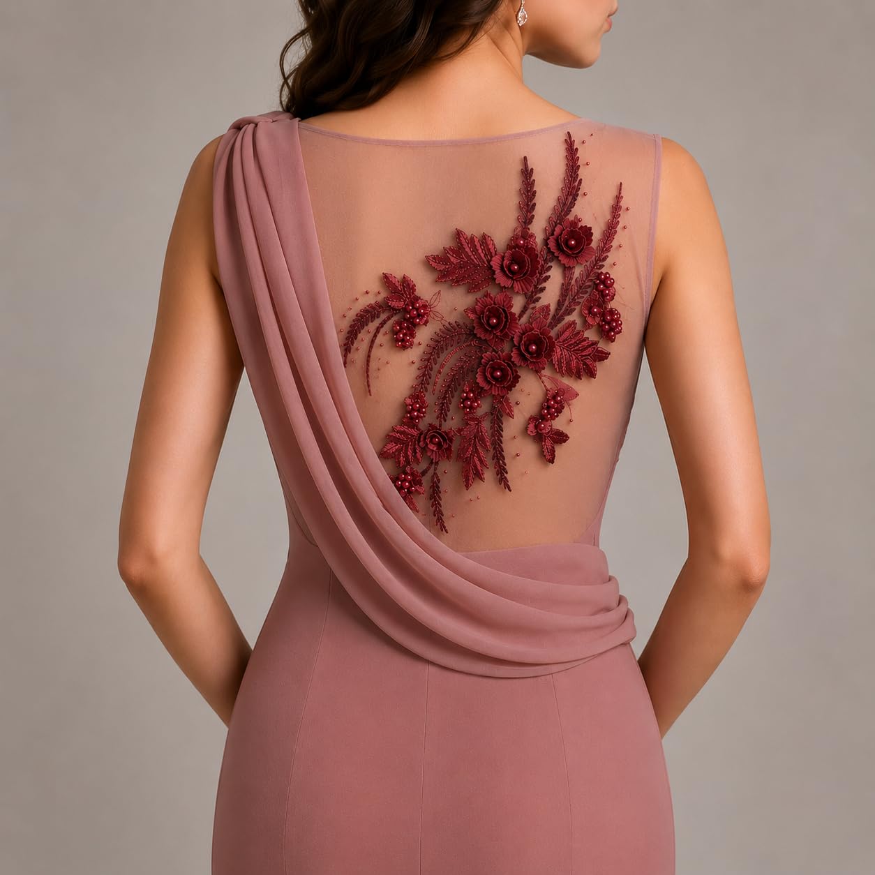 S.A.V.I Floral Embroidery Patch Sew-On Applique Wine 34x25cm|3D Beaded Mesh Lace Motif for Kurti, Gown, Blouse & DIY Craft, Premium Finish
