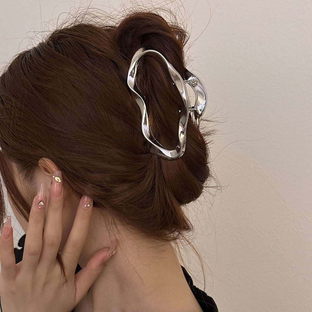 S.A.V.I Metal Hair Claw Clip 11 cm | Silver Wavy Hollow Design Strong Grip Hair Clutcher for Women | Korean Style Elegant Hair Accessory for Thick Long Hair