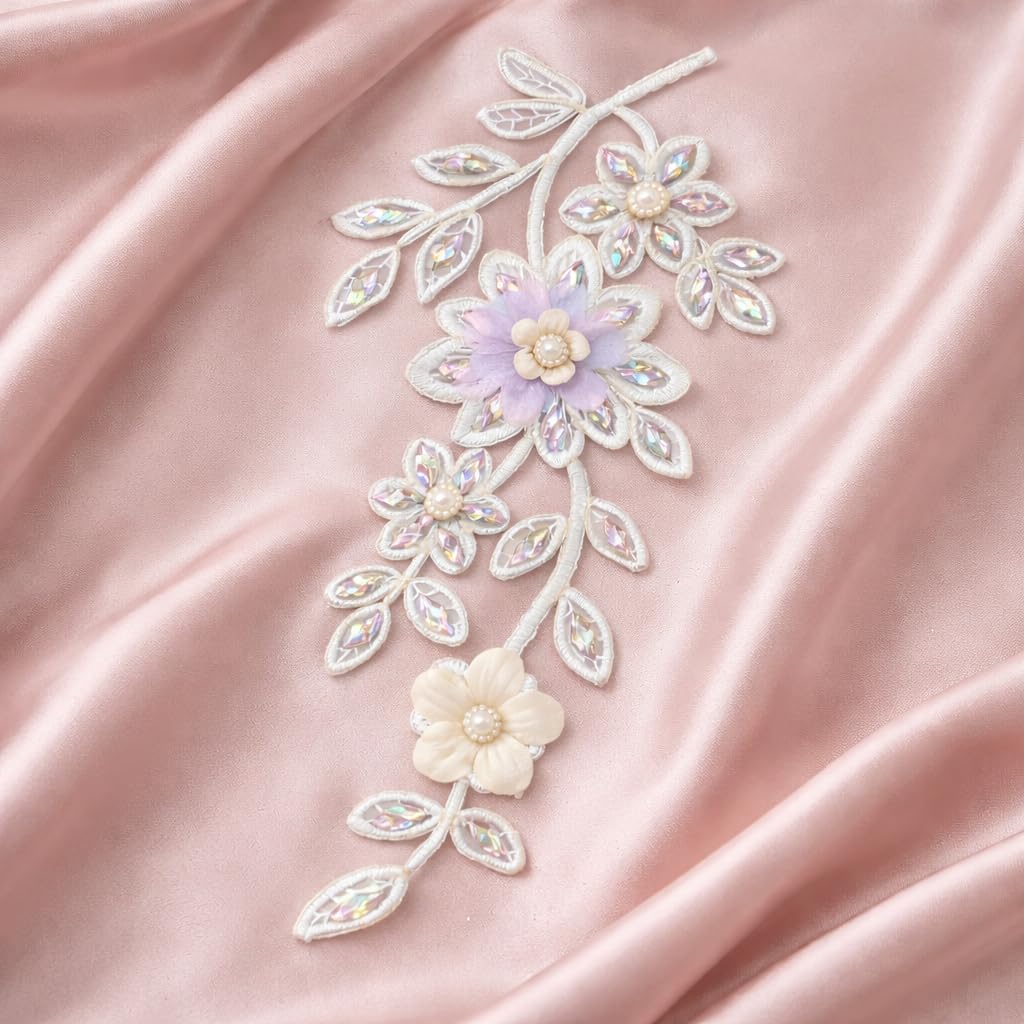 S.A.V.I Silver & Pastel Floral Sew-On Appliqué Patch, 3D Beaded Crystal Leaf Design, 14 x 27 cm Net Fabric for Saree, Kurti, Gown & Dress Decoration (Right, Silver, OneSize)