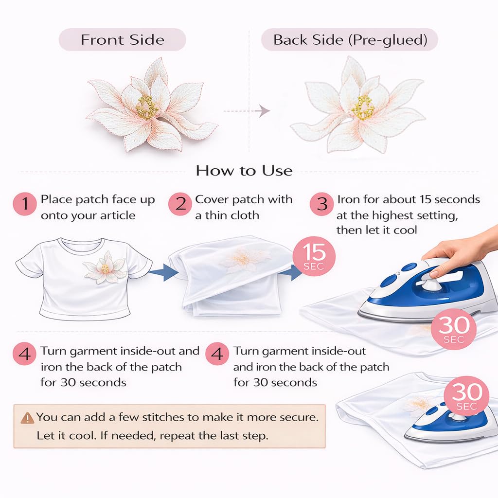 S.A.V.I Peach Lotus Flower Iron-On Embroidered Appliqué Patch 8.7 x 6.9 cm | Premium Fabric Floral Motif for Dresses, Kurtis, Sarees, Blouses & DIY Garment Decoration (Peach)