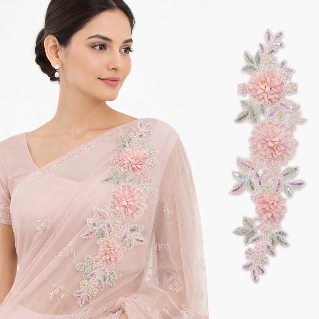S.A.V.I Blush Pink Floral Embroidered Sew-On Appliqué Patch 11 x 35 cm | 3D Flower Sequin Net Fabric Motif for Saree Gown Kurti Blouse Decoration