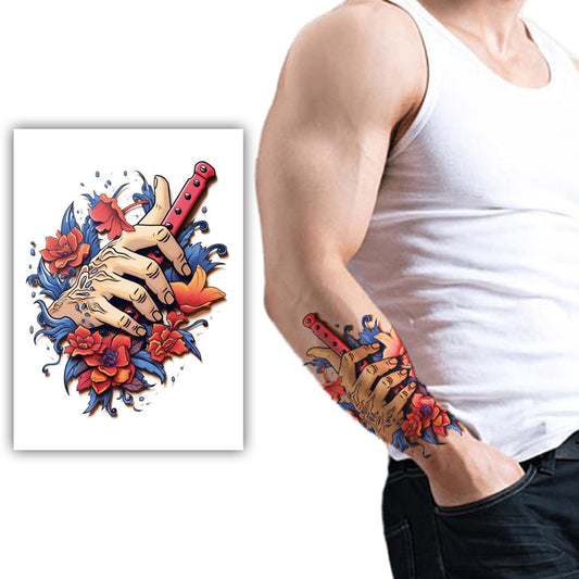S.A.V.I Large Samurai Hand Dagger Floral Temporary Tattoo 21x11 cm – Waterproof Safe Non-Toxic Body Art Sticker, Long-Lasting Easy-Apply Fake Tattoo for Men & Women