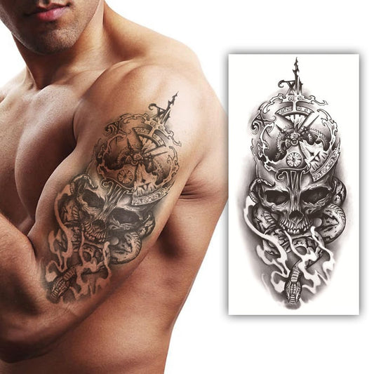 S.A.V.I Waterproof Temporary Tattoo Skull, Antique Clock  Snake - 21x10cm for Men  Women