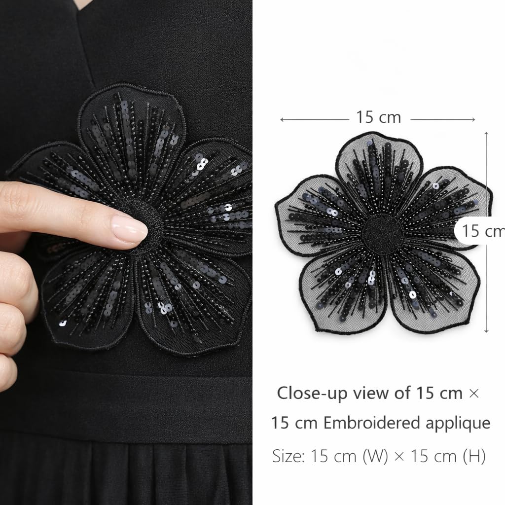 S.A.V.I Black Floral Embroidered Sew-On Appliqué Patch 15 x 15 cm | Handcrafted Sequin & Bead Mesh Fabric | Decoration for Dress, Gown, Blouse & DIY Crafts (Black)