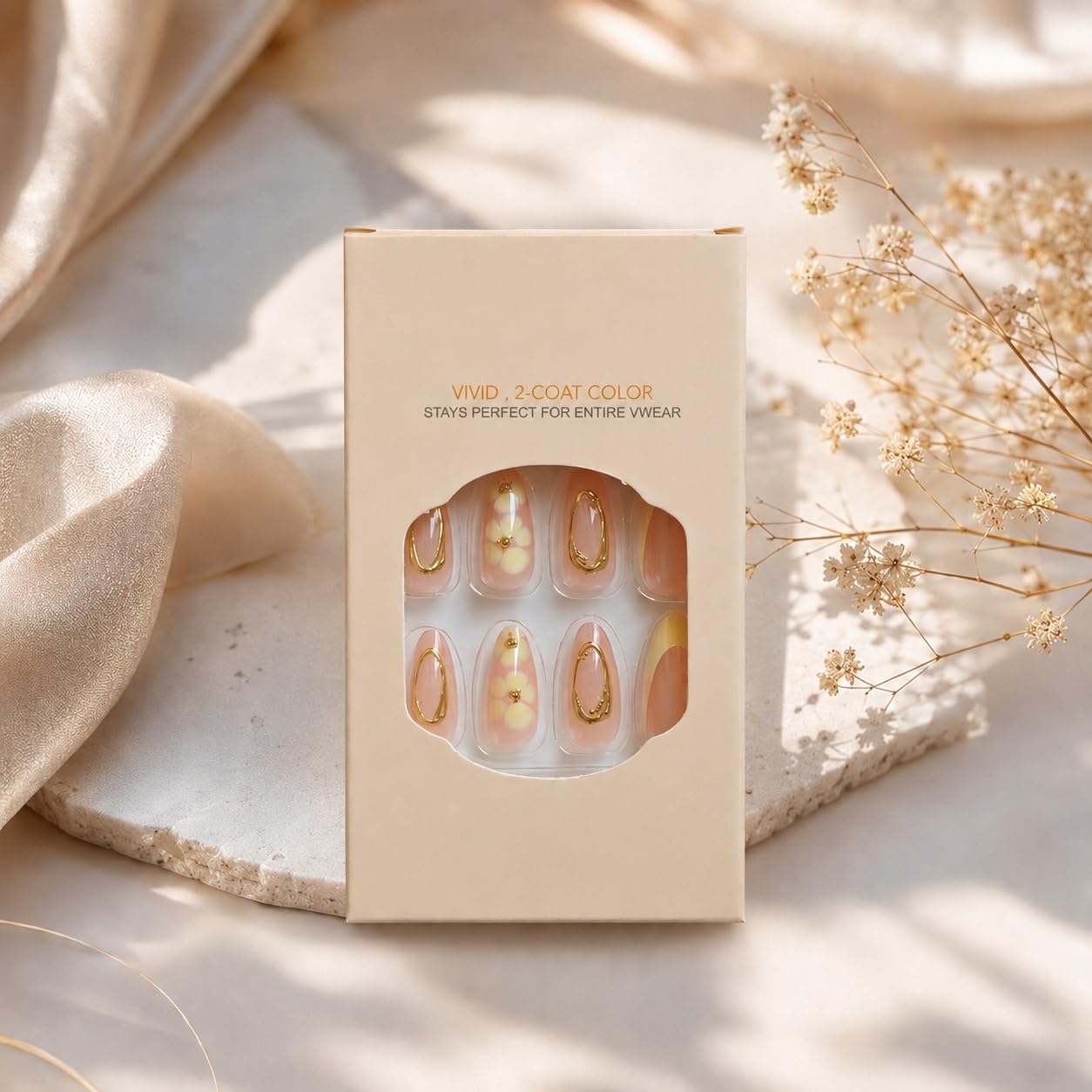S.A.V.I Floral Almond Press on Nails Yellow Nude Glossy 24 Pcs