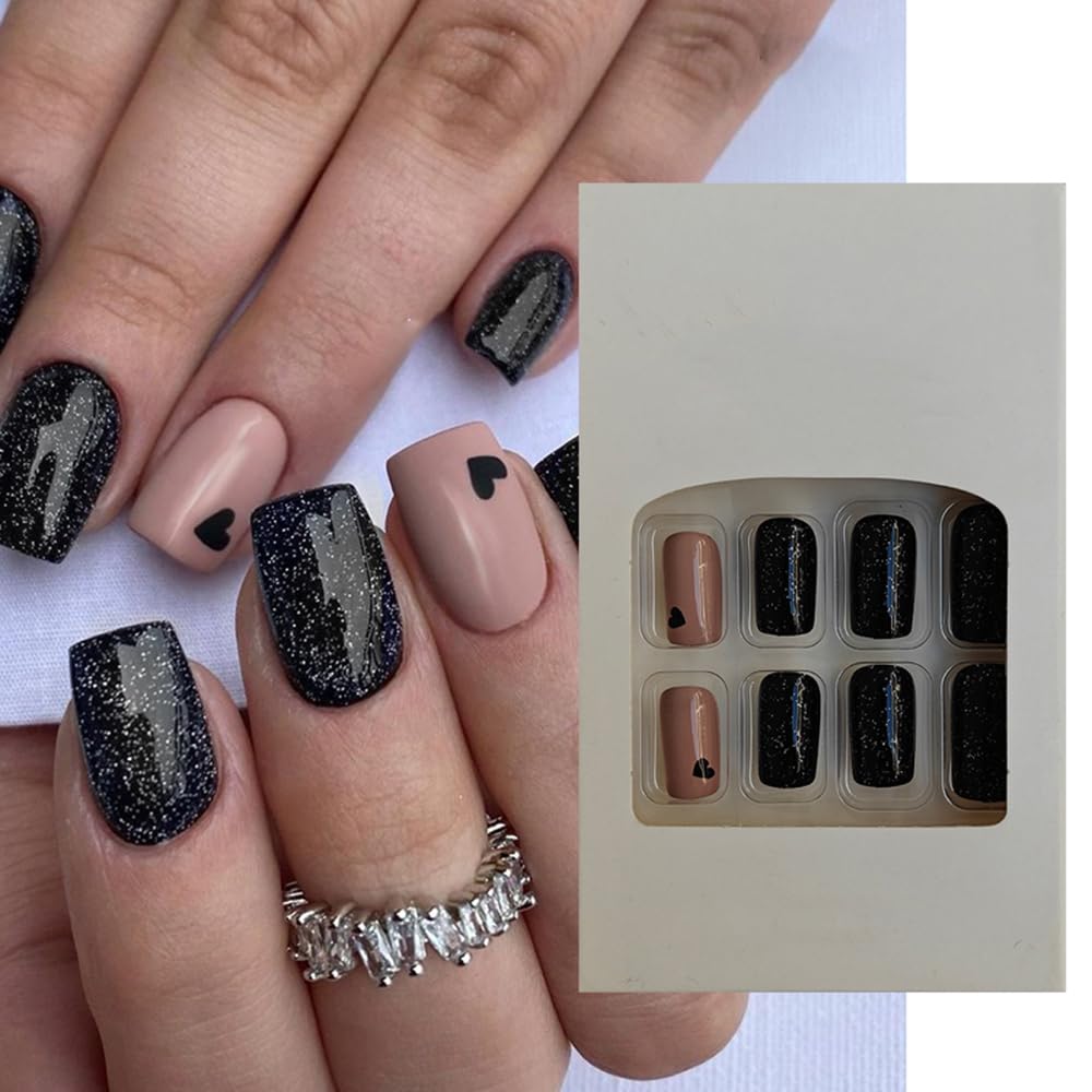 S.A.V.I 24 Pcs Nude  Glitter Press On Nails | Medium Length Square Shape Fake Nails | Heart Print  Glitter Design | Reusable Artificial False Nails for Women | Easy to Apply Nail Extensions | Manicure Set