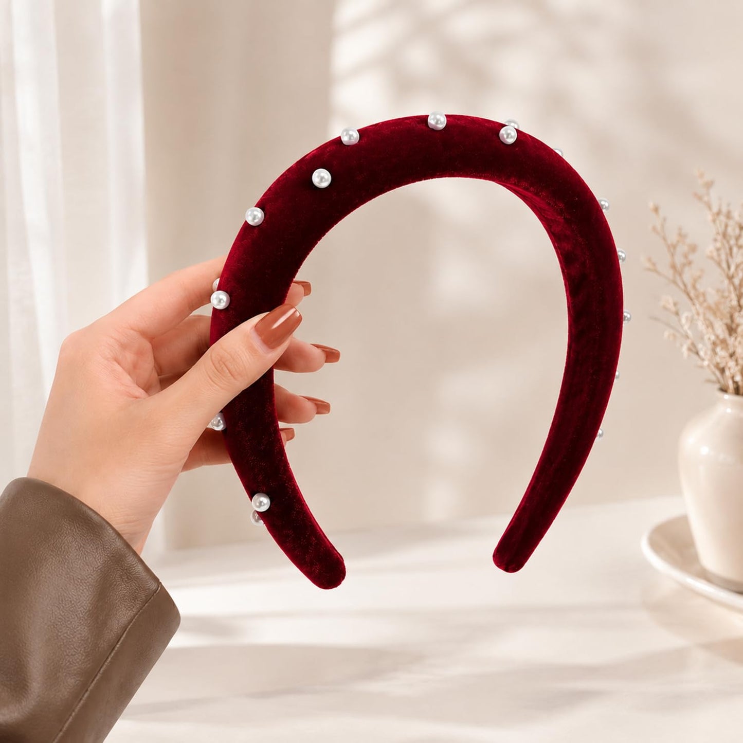 S.A.V.I Velvet Pearl Hairband for Women Wine Red, 16x14 cm, Soft Fabric Finish, Lightweight Wide Headband for Girls, Casual, Party & Wedding, Comfortable All-Day Fit