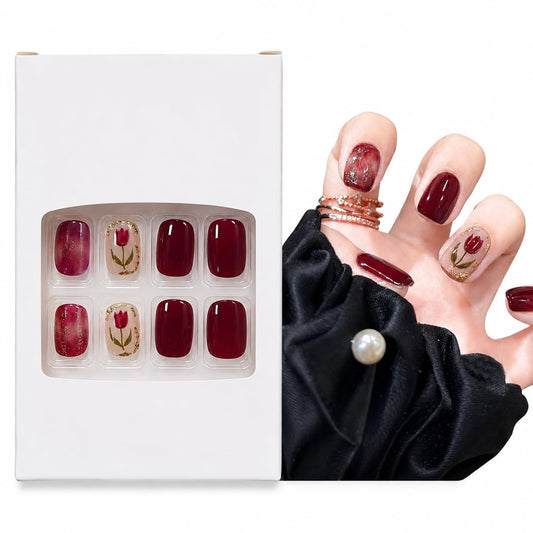 S.A.V.I Press on Nails Short Maroon Tulip Floral 24 Pcs | Reusable Glossy Manicure Kit with Glue, Adhesive Tabs, Tulip Art, Natural Fit for Women