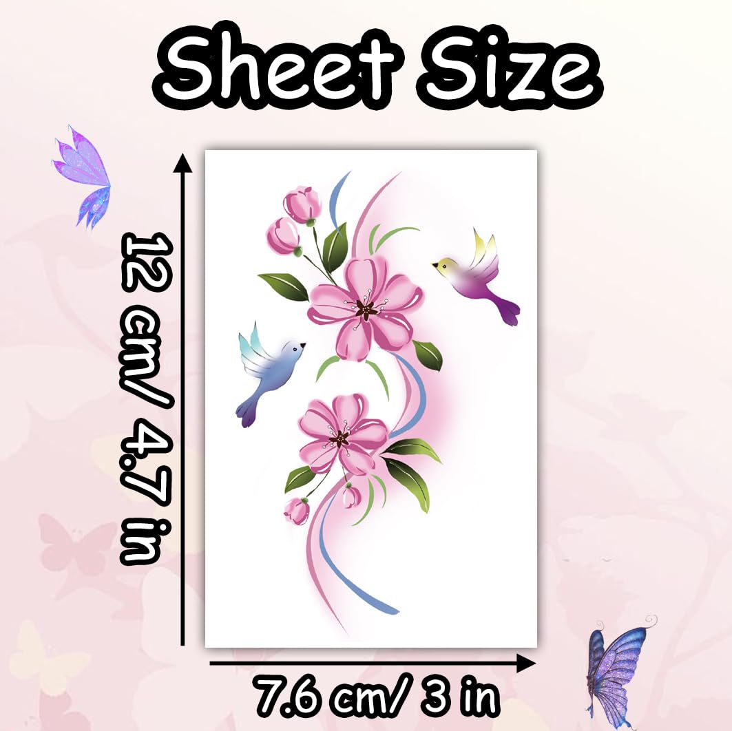 S.A.V.I Waterproof Floral Hummingbird Temporary Tattoo Sticker – Large 12 x 7.6 cm Pink Blossom Body Art Decal for Arm Shoulder Back Women Girls – Safe Non-Toxic Skin-Friendly – 1 Pc (53)