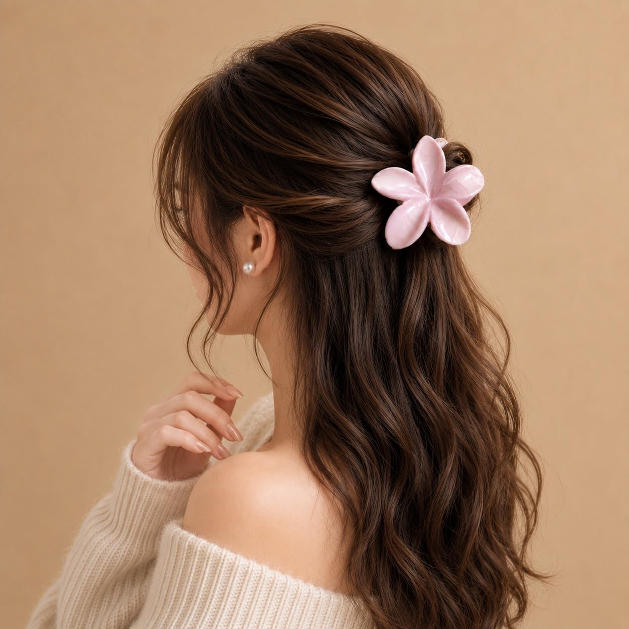S.A.V.I Floral Hair Claw Clip for Women Baby Pink 8 cm | Frangipani Design, Glossy Acetate Finish, Strong Grip, Thick & Thin Hair, Lightweight
