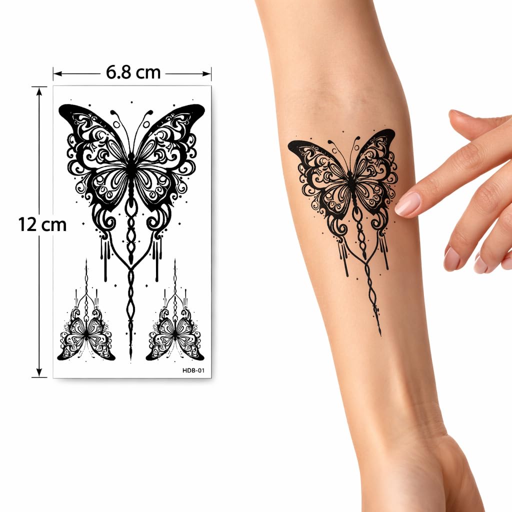 S.A.V.I Black Butterfly Floral Temporary Tattoo Stickers for Women & Girls, 10 Sheets 12x6.8 cm Large Waterproof Non-Toxic Body Art for Arm Wrist Shoulder Ankle Festival Party (#326)