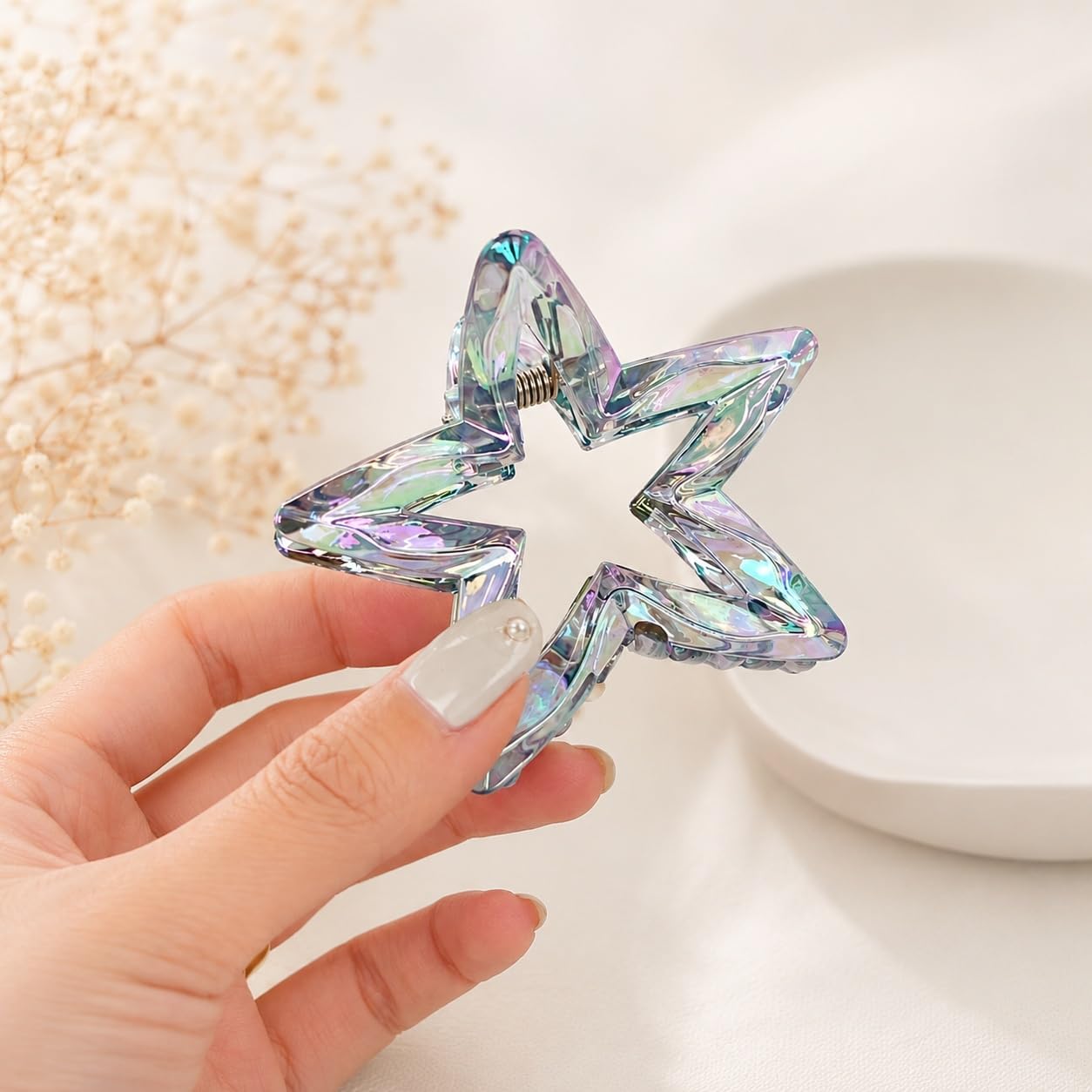 S.A.V.I Hair Claw Clip for Women Iridescent Star Grey 7 cm | Resin Material, Strong Grip, Casual & Party Use, Lightweight, For Girls