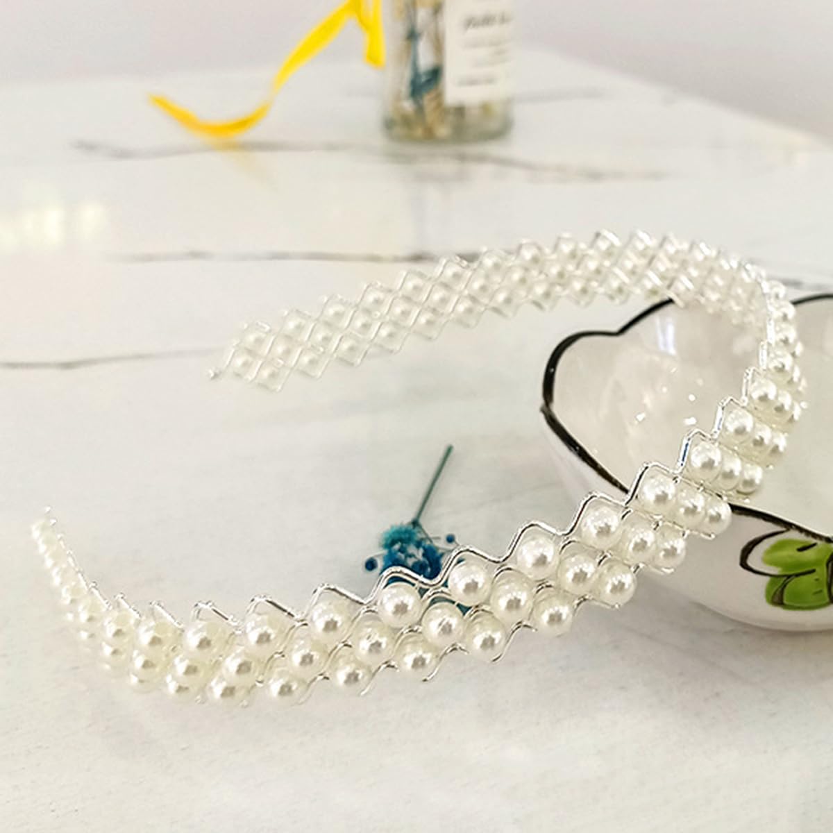 S.A.V.I Pearl White Zigzag Hair Band for Women & Girls | Double Row Faux Pearl Beaded Metal Headband | Korean Style Bridal Party Hair Accessory | Lightweight Comfortable Fit