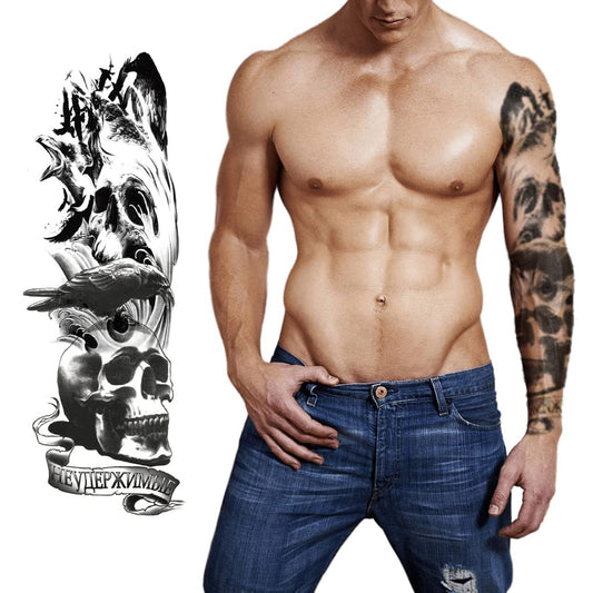 S.A.V.I Full Arm Temporary Tattoo, Crow Skull Raven Tattoo Sticker, Size 48x17CM