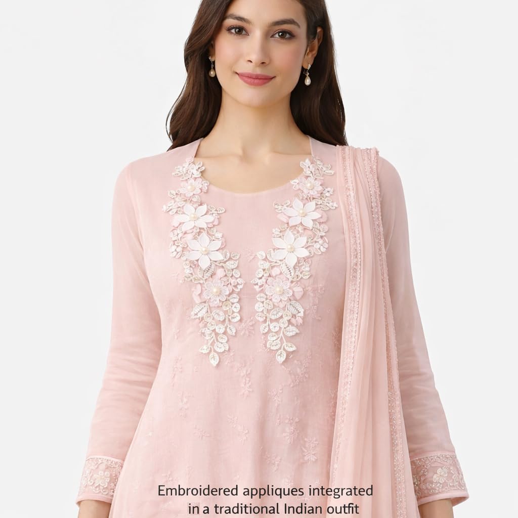 S.A.V.I Luxury Blush Pink Floral Embroidered Applique Pair 12x30 cm | 3D Lace Pearl Beaded Net Fabric Neckline Motif for Women’s Kurtis, Gowns & Bridal Wear (Pink Flowers)