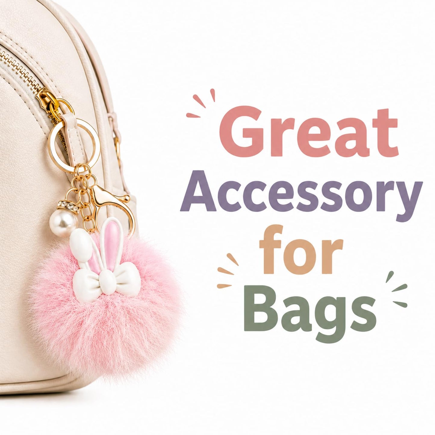 S.A.V.I Bunny Pom Pom Keychain 13 x 5 cm for Women & Girls, Fur Bag Charm, Soft Faux Fur, Pearl Accent, Gold-Tone Clasp, Pink, Kawaii Gift for Purse, Backpack & Car Keys, Lightweight Accessory