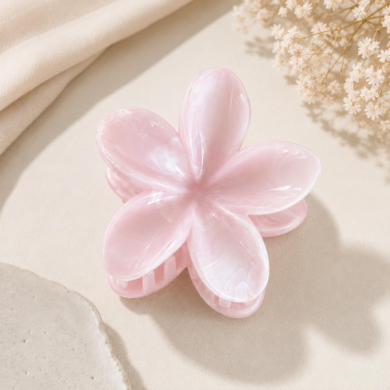 S.A.V.I Floral Hair Claw Clip for Women Baby Pink 8 cm | Frangipani Design, Glossy Acetate Finish, Strong Grip, Thick & Thin Hair, Lightweight