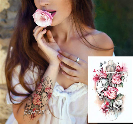 S.A.V.I Temporary Tattoo For Girls Men Women 3D Skull Cross Pink Rose Flower Sticker Size 21x15CM - 1PC. (155)