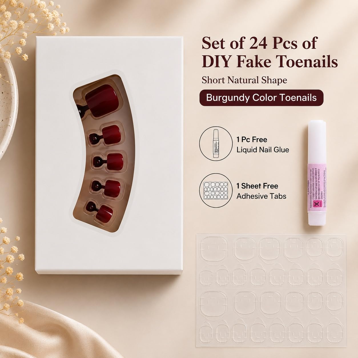 S.A.V.I Burgundy Press on Toenails Short Square Shape 24 Pcs | Natural Design with Glue & Adhesive Tabs Included, Reusable Full Cover Pedicure Tips for Women, DIY Nail Art