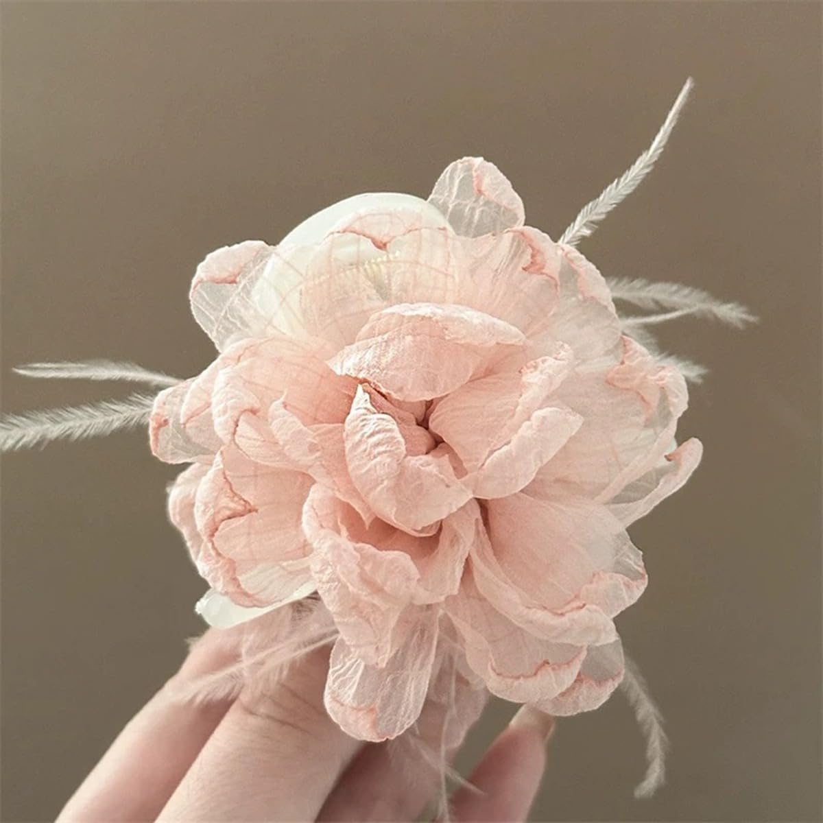 S.A.V.I Baby Pink Floral Hair Claw Clip for Women & Girls, 8 cm Rose Design, Lightweight Net Fabric with Strong Plastic Claw, Korean Style Hair Accessory for Daily, Party & Casual