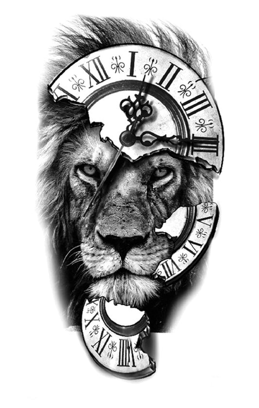S.A.V.I Temporary Tattoo Stickers, Big Lion Face Broken Clock Tattoo Pattern For Men, Women, Tattoo For Hand Arm, Size 21x11cm - 1Pc.