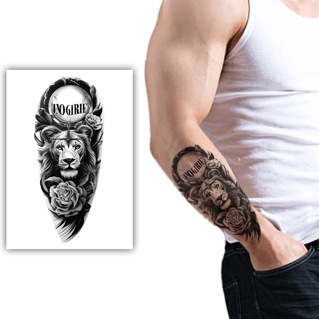 S.A.V.I Large Temporary Tattoo Sticker for Men 21x11cm – Black Lion & Rose 'NO GRIEF' Waterproof Fake Arm/Shoulder Transfer, Safe Non-Toxic Body Art, Quick Apply, Long-Lasting Stylish Look – 1 Pc