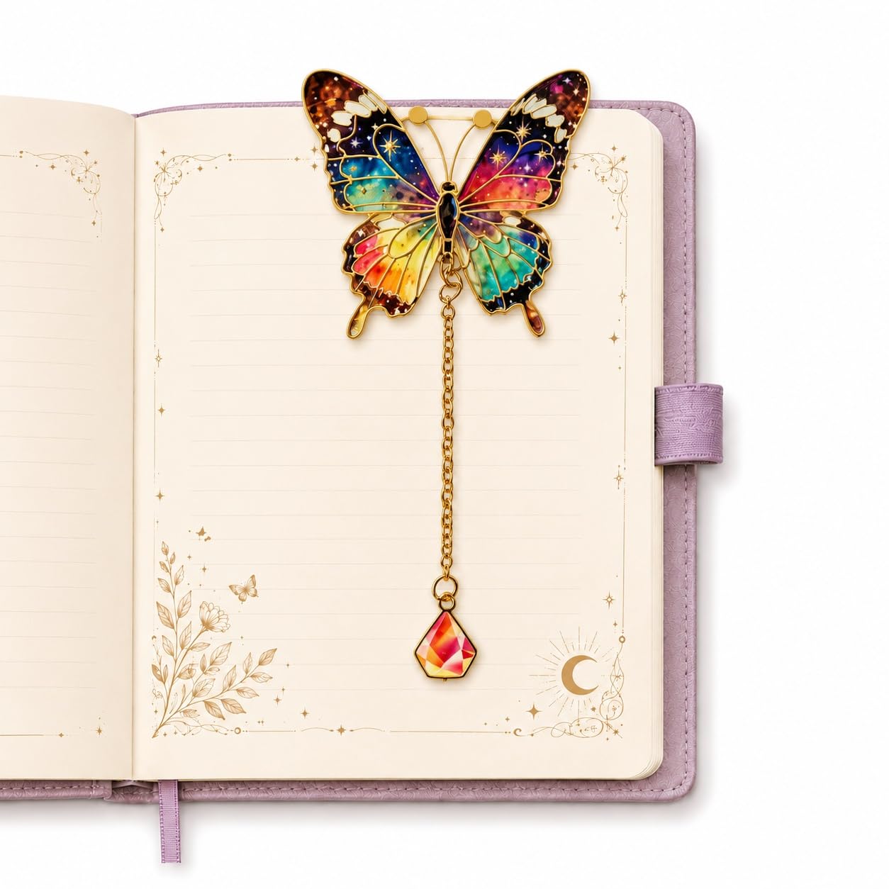 S.A.V.I Colorful Butterfly Metal Enamel Bookmark with Crystal Charm | Rainbow Finish, 5 cm Wings, 14 cm Dangle, Gold Chain Tassel, For Book Lovers, Women & Girls