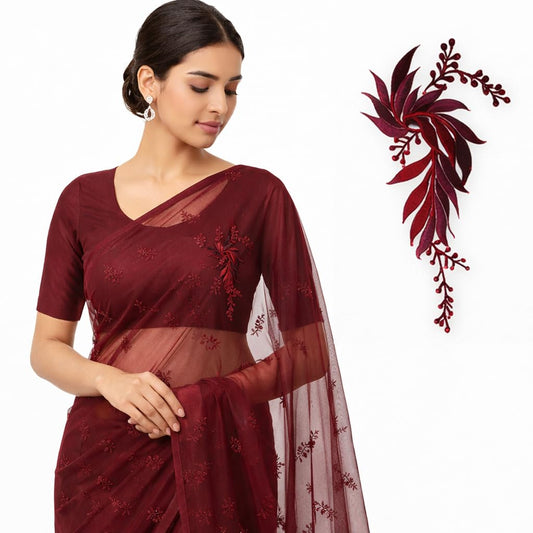 S.A.V.I Burgundy & Silver Floral Iron-On Embroidered Appliqué Patch 7.5 x 17 cm | Leaf Motif Threadwork Design for Dresses, Sarees, Blouses, DIY Fabric Craft (Right, Burgundy, 7.5 x 17 cm)