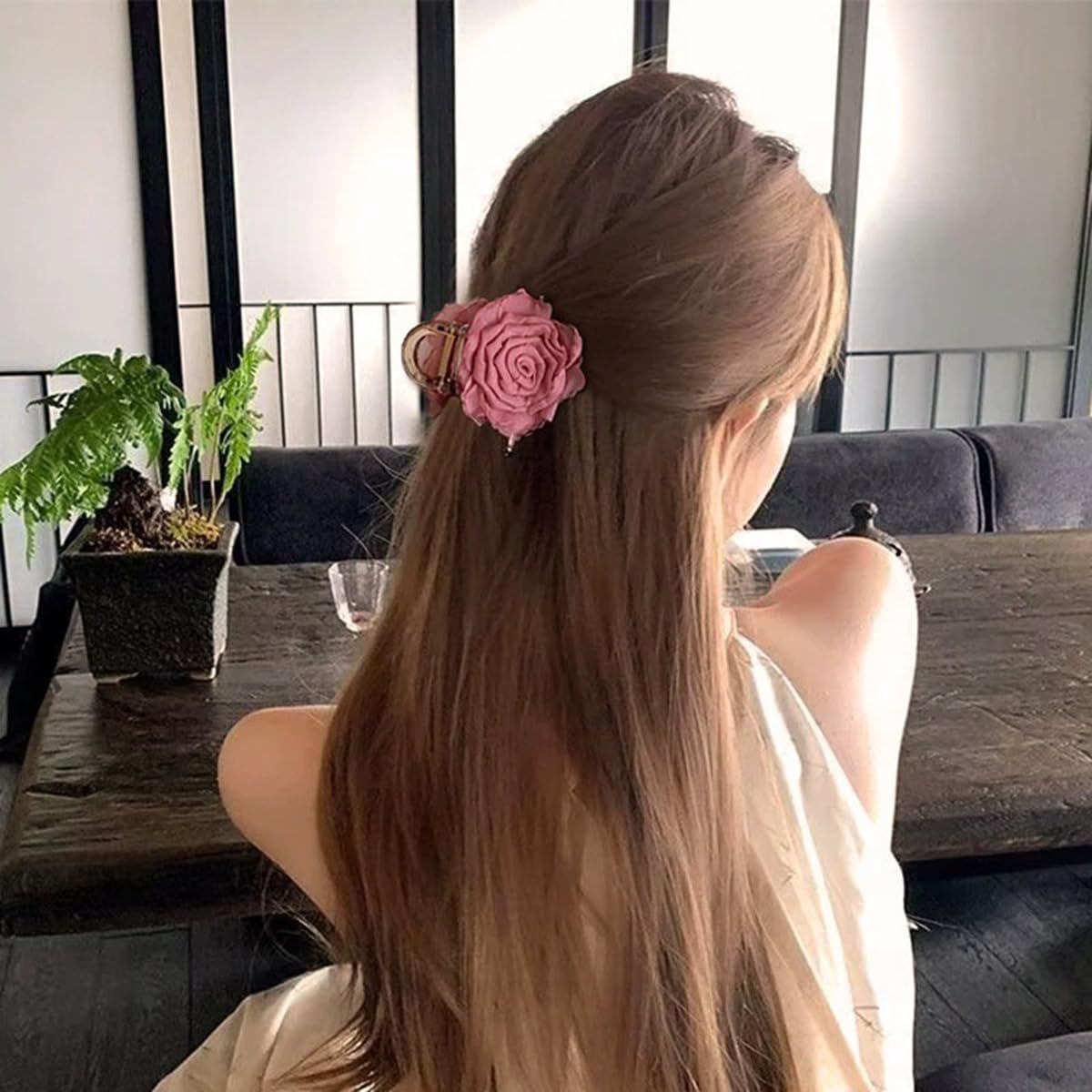 S.A.V.I Dark Pink Rose Hair Claw Clip for Women & Girls, 5 cm Small Floral Hair Clutch, Chiffon Fabric Flower Design, Stylish Hair Accessory for Daily, Party & Ethnic Look