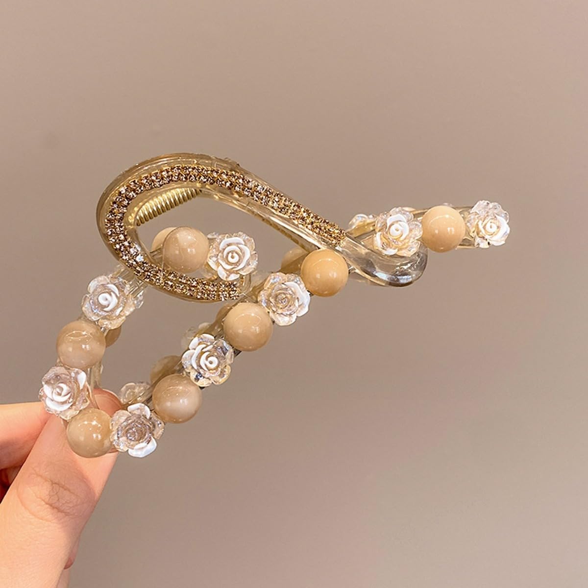S.A.V.I Champagne Gold Floral Hair Claw Clip for Women, 12 cm Large Acrylic Clutcher with Rose Pearl Beads & Rhinestone, Strong Grip Bun Holder Hair Accessory for Party Daily