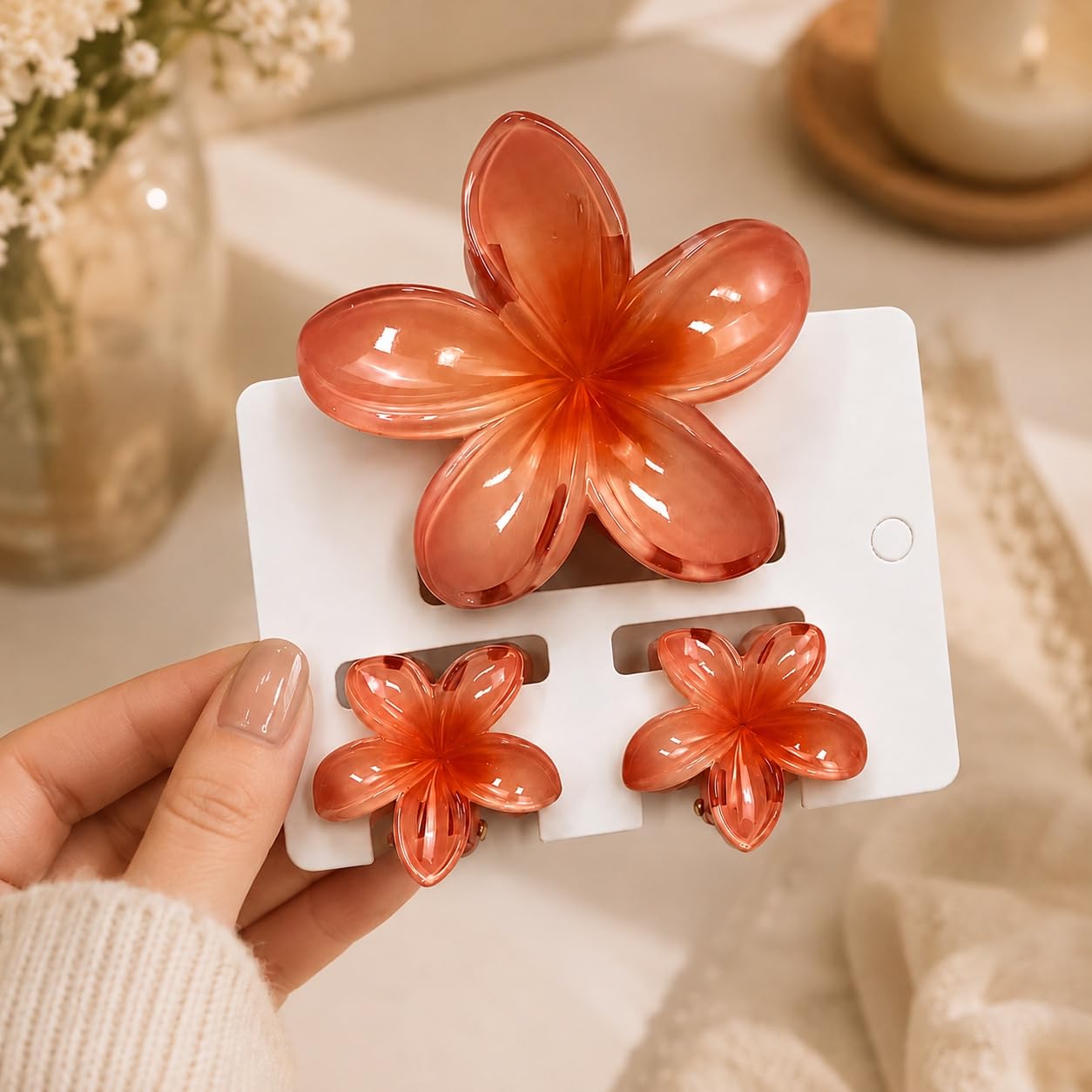 S.A.V.I Floral Hair Claw Clips Set of 3 for Women & Girls, Orange | 1 Large 8 cm & 2 Mini 4 cm, Acrylic Barrettes, Half Updos & Buns, Secure Grip, Daily Wear