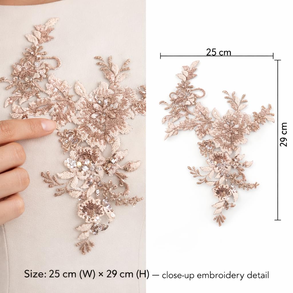 S.A.V.I Champagne Floral Lace Applique Patch 25x29 cm, Sew-On Embroidered Net with Beads & Sequins, V-Shaped Designer Motif for Bridal Gowns, Blouses & Couture Dresses (Champagne)