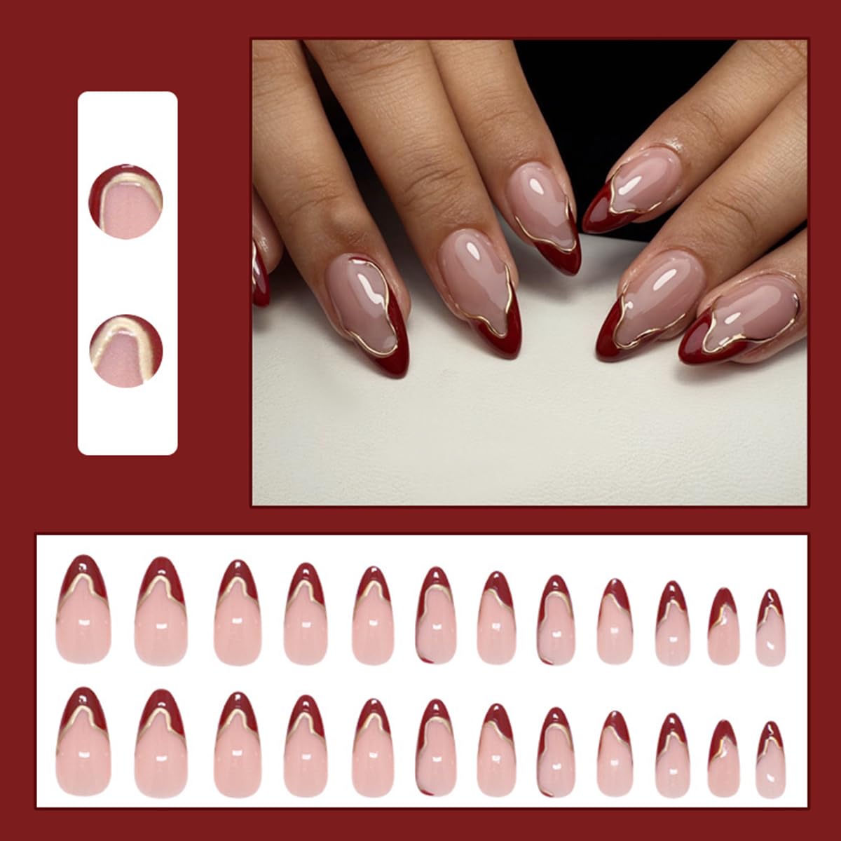 S.A.V.I 24 Pcs Reusable Press On Nails for Women, Long Almond Nude Pink with Wine Red Tips, 3D Gold Chrome Design, Glossy Acrylic False Nails Set, with Nail Glue & Adhesive Tabs