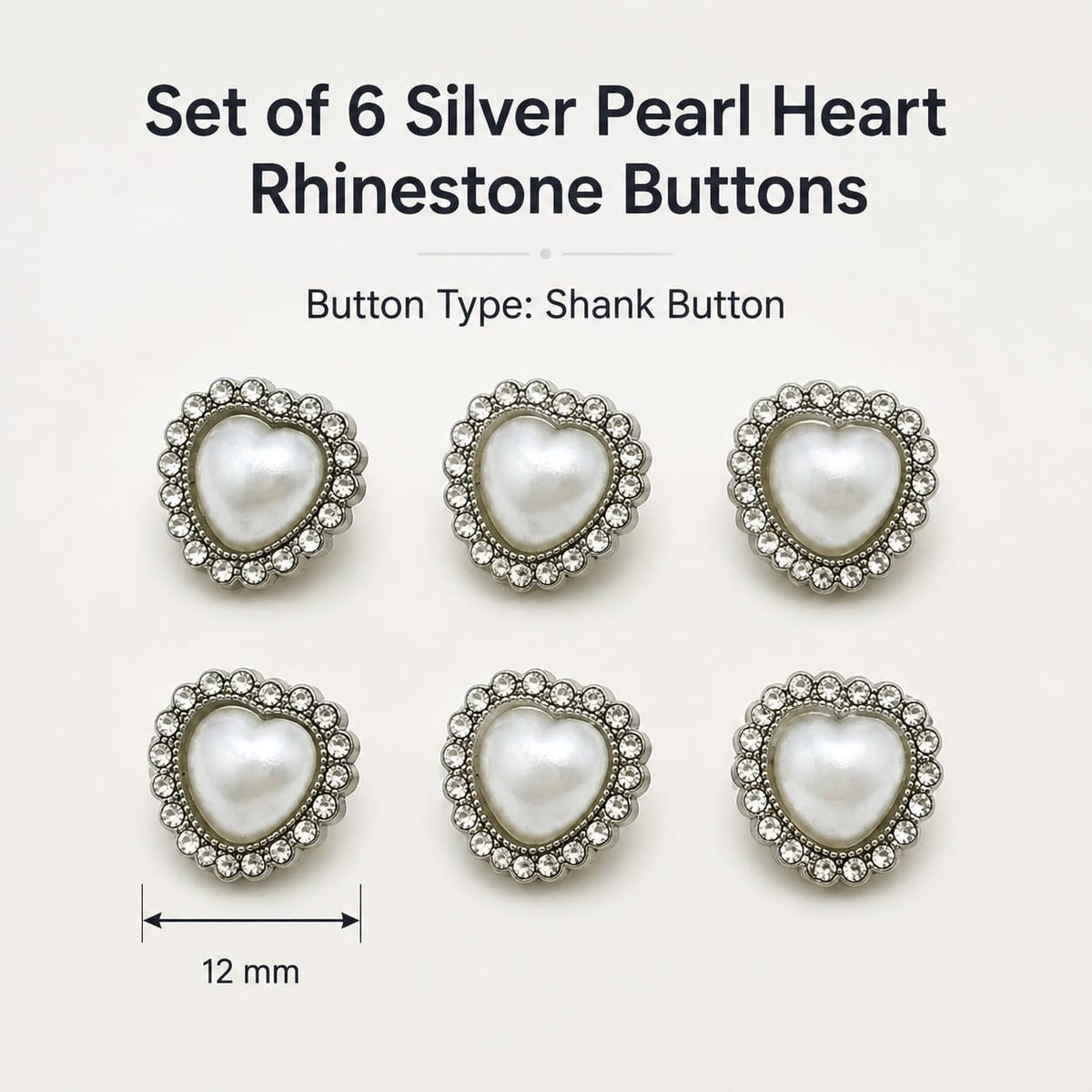S.A.V.I Pearl Heart Rhinestone Shank Buttons Silver Tone 12mm | Set of 6, DIY Garment Crafts, For Blouses & Shirts, Decorative Fasteners