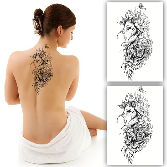 S.A.V.I (2PCS) Temporary Tattoo Sticker - Woman Side Profile, Flowers  Tiger - 22x15cm - Nature  Wild Artistry