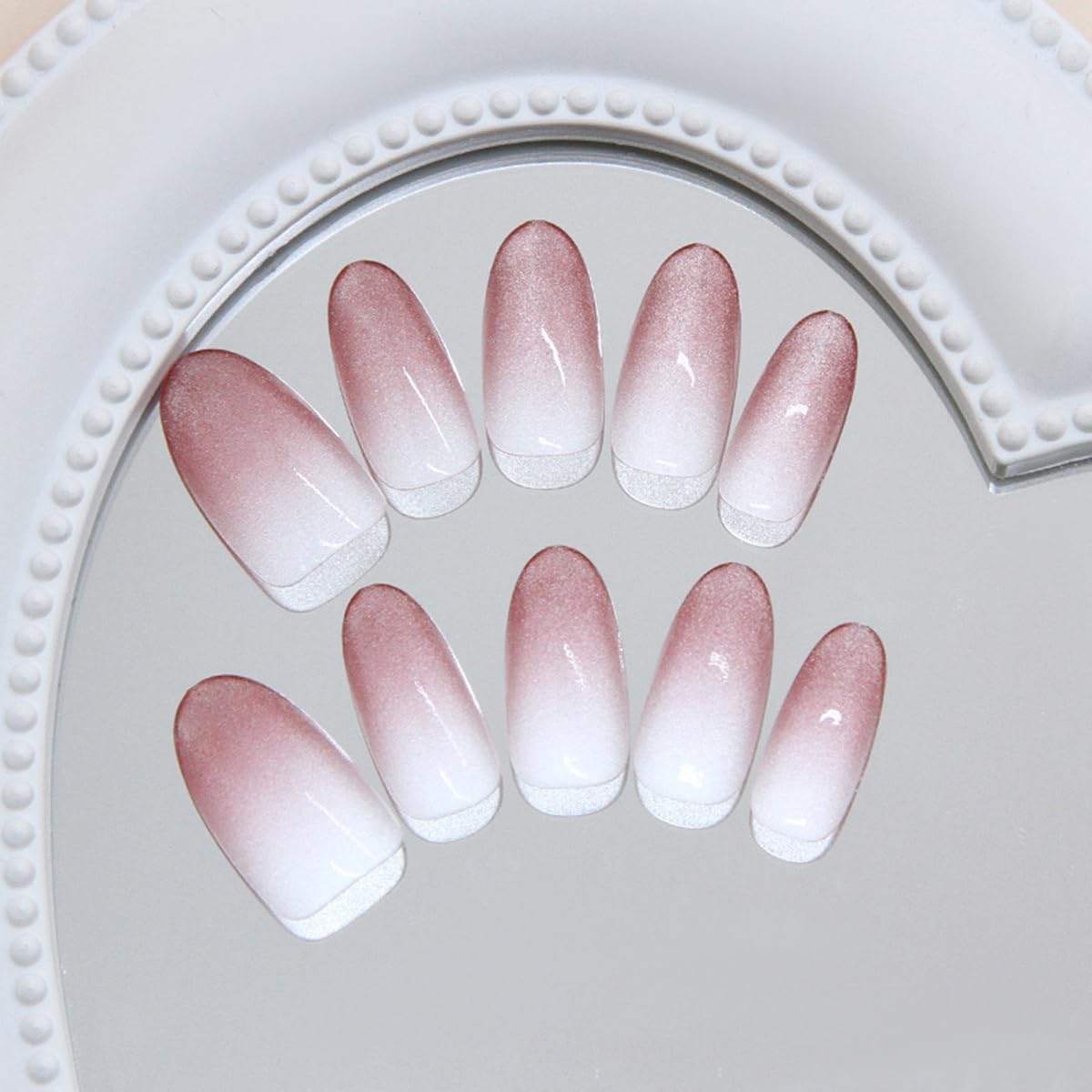 S.A.V.I Press on Nails 30 Pcs Pink Gradient Round Medium | Blush Glossy Nude Finish, Reusable DIY Manicure Set with Glue & Adhesive Tabs Included