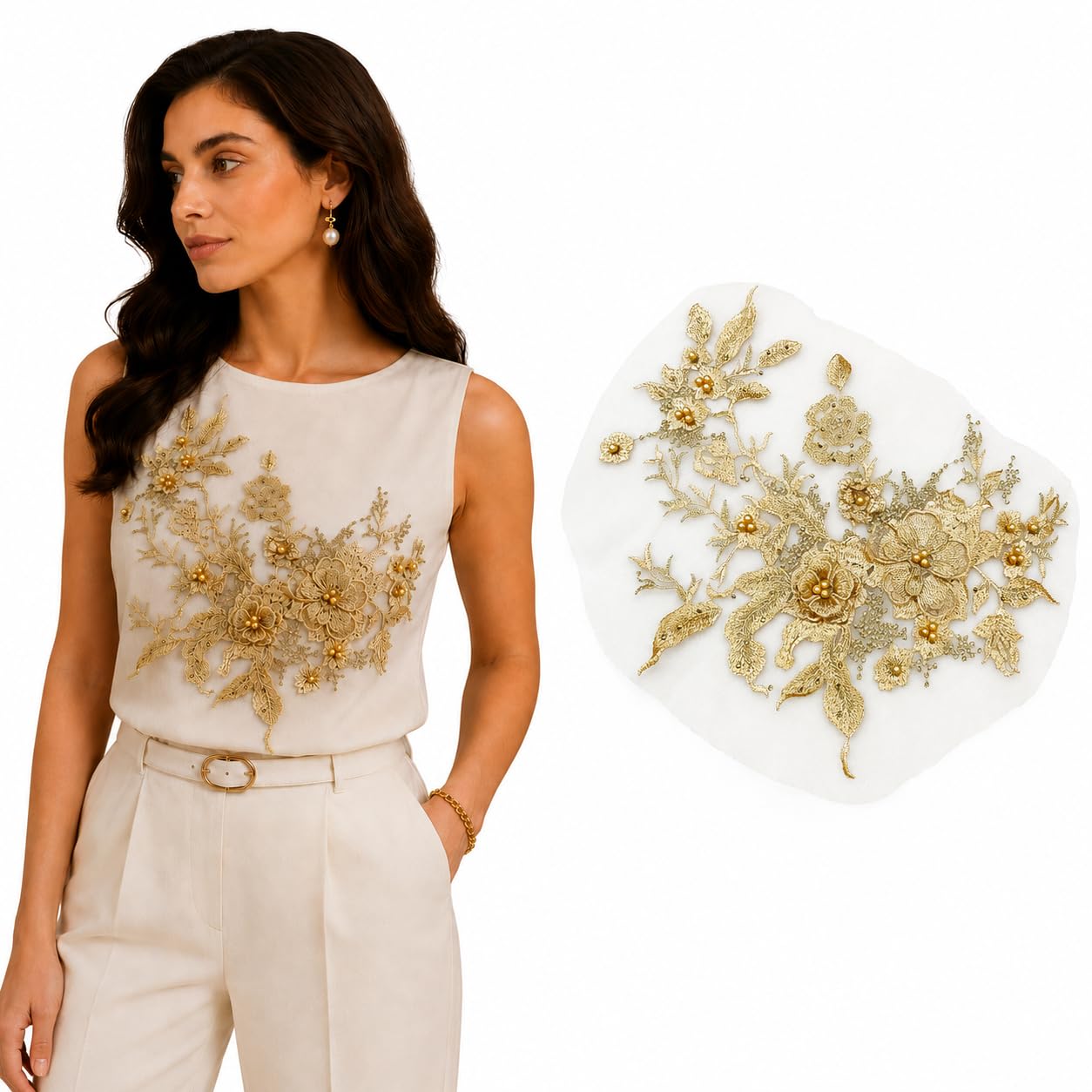 S.A.V.I Gold Floral Embroidery Patch Sew-On Applique 36x25 cm|DIY Lace Motif for Dresses, Blouses, Kurtas & Gowns, Mesh Base with Pearl Accents, Elegant Craft Embellishment, 1 Pc