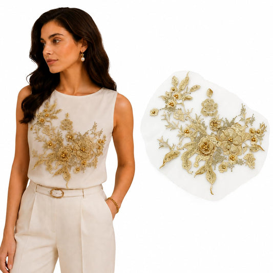 S.A.V.I Gold Floral Embroidery Patch Sew-On Applique 36x25 cm|DIY Lace Motif for Dresses, Blouses, Kurtas & Gowns, Mesh Base with Pearl Accents, Elegant Craft Embellishment, 1 Pc