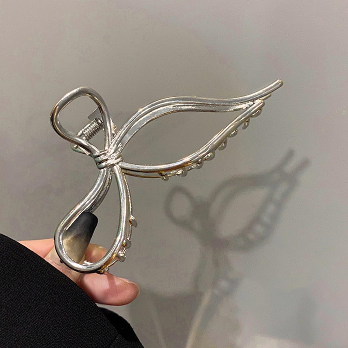 S.A.V.I Silver Metal Bow Hair Claw Clip for Women, 11.5 cm Large Butterfly Design, Strong Hold Non-Slip Jaw for Thick Long Hair, Korean Style Elegant Accessory To Use Daily & For Party