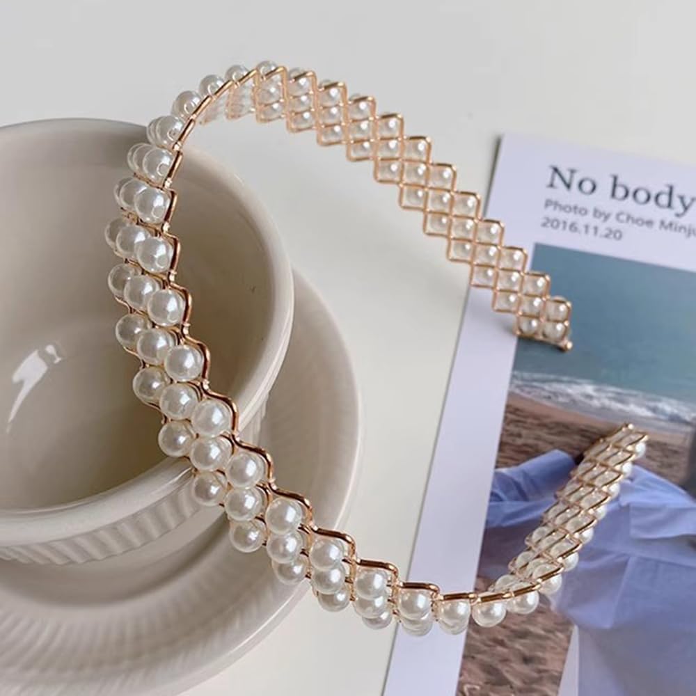 S.A.V.I Gold Plated Pearl Headband for Women & Girls | 14cm Elegant White Faux Pearl Hairband | Stylish Zigzag Metal Design | Party, Wedding, Ethnic Hair Accessory
