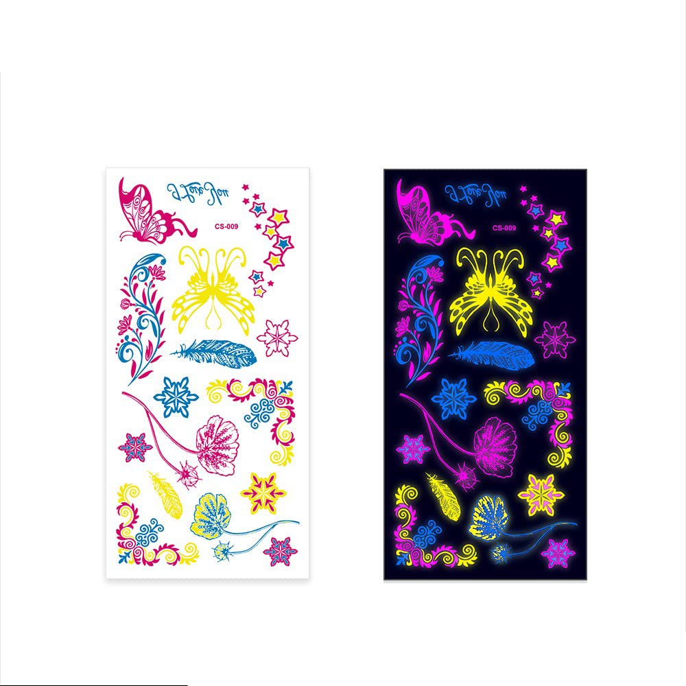 S.A.V.I Neon Temporary Tattoos, Glow UV Neon Body Face Skin Tattoo, Butterflies, Flowers, Stars, Feathers Tattoos Flash Fake Waterproof Tattoo Stickers for Women Men Girls Body Art, Size- 21x10.5CM