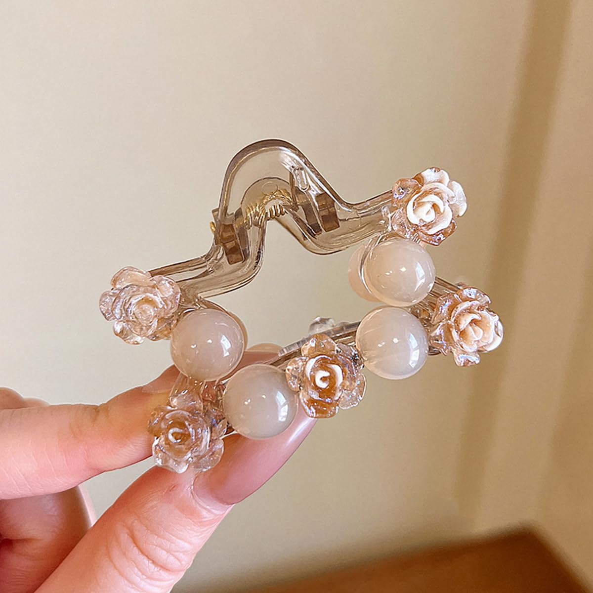 S.A.V.I Women’s Beige Floral Pearl Hair Claw Clip 7 cm | Acrylic Rose Design Clutcher | Elegant Small Star Shape Hair Accessory for Daily, Party Styling & Gifting