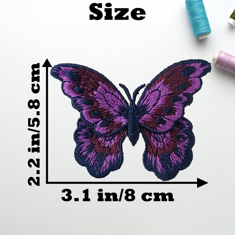 S.A.V.I 2Pcs Purple Embroidered Butterfly Patch | Fabric Sew-On Applique 8 x 5.8 cm | Decorative Badge for Jackets, Denim, Sweaters, Bags & DIY Clothing (Purple)